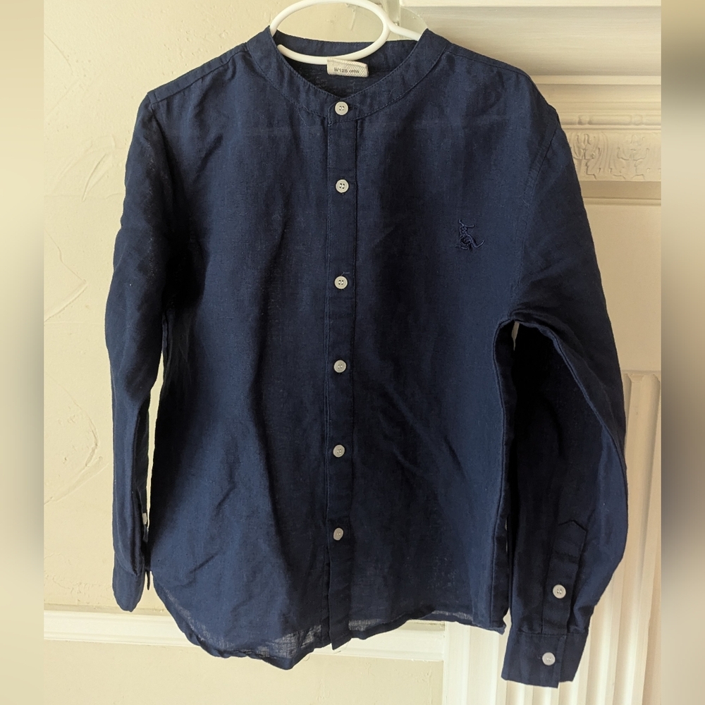 Wooloo | Boys blue linen cotton long sleeve buttondown shirt